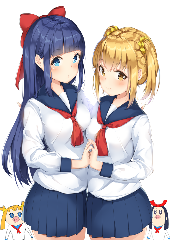 2girls, bangs, blonde_hair, blue_eyes, blue_hair, blue_skirt, bobunemimimmi, bow