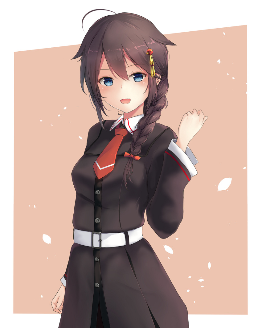 1girl, ahoge, alternate_costume, arm_at_side, bangs, belt, black_coat, blue_eyes