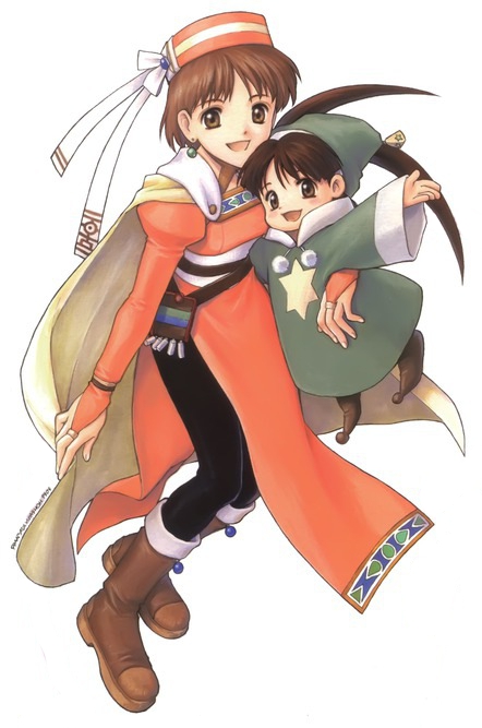 1boy, 1girl, 90s, :d, atelier_(series), atelier_elie, black_legwear, bow