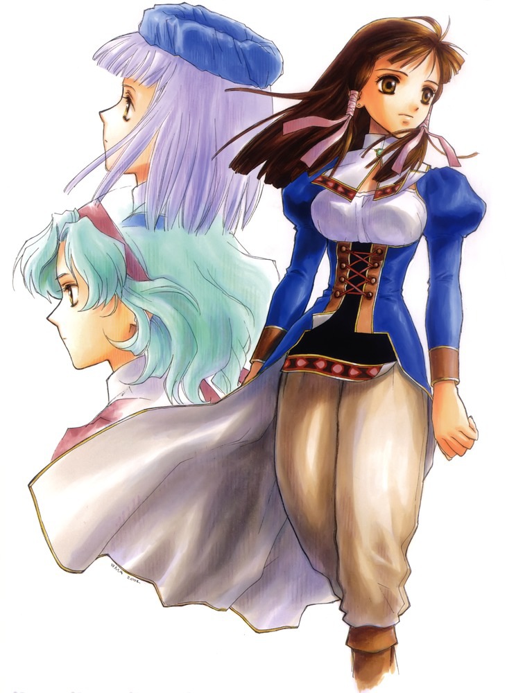 3girls, aqua_hair, atelier_(series), atelier_lilie, blue_coat, blue_hat, brown_eyes, brown_hair, brown_pants, closed_mouth, cowboy_shot, expressionless, hair_tubes, hairband, hat, hermina_(atelier), ingrid_(atelier), lilie_(atelier), long_hair, looking_away, multiple_girls, official_art, pants, profile, purple_hair, red_hairband, short_hair, simple_background, white_background, yamagata_isaemon