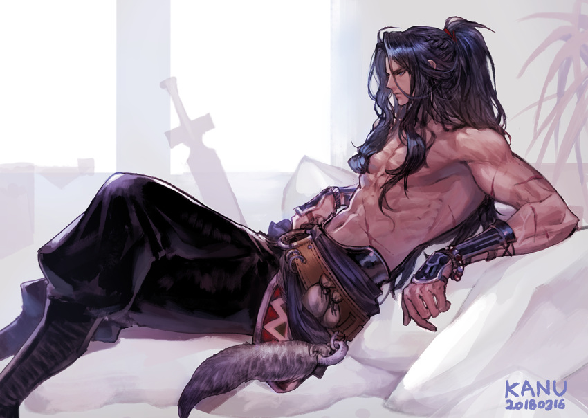 1boy, bag, black_hair, chest, gauntlets, kan'u, kanu_(kanu_0001), long_hair, male_focus, manly, muscle, original, pants, scar, tail
