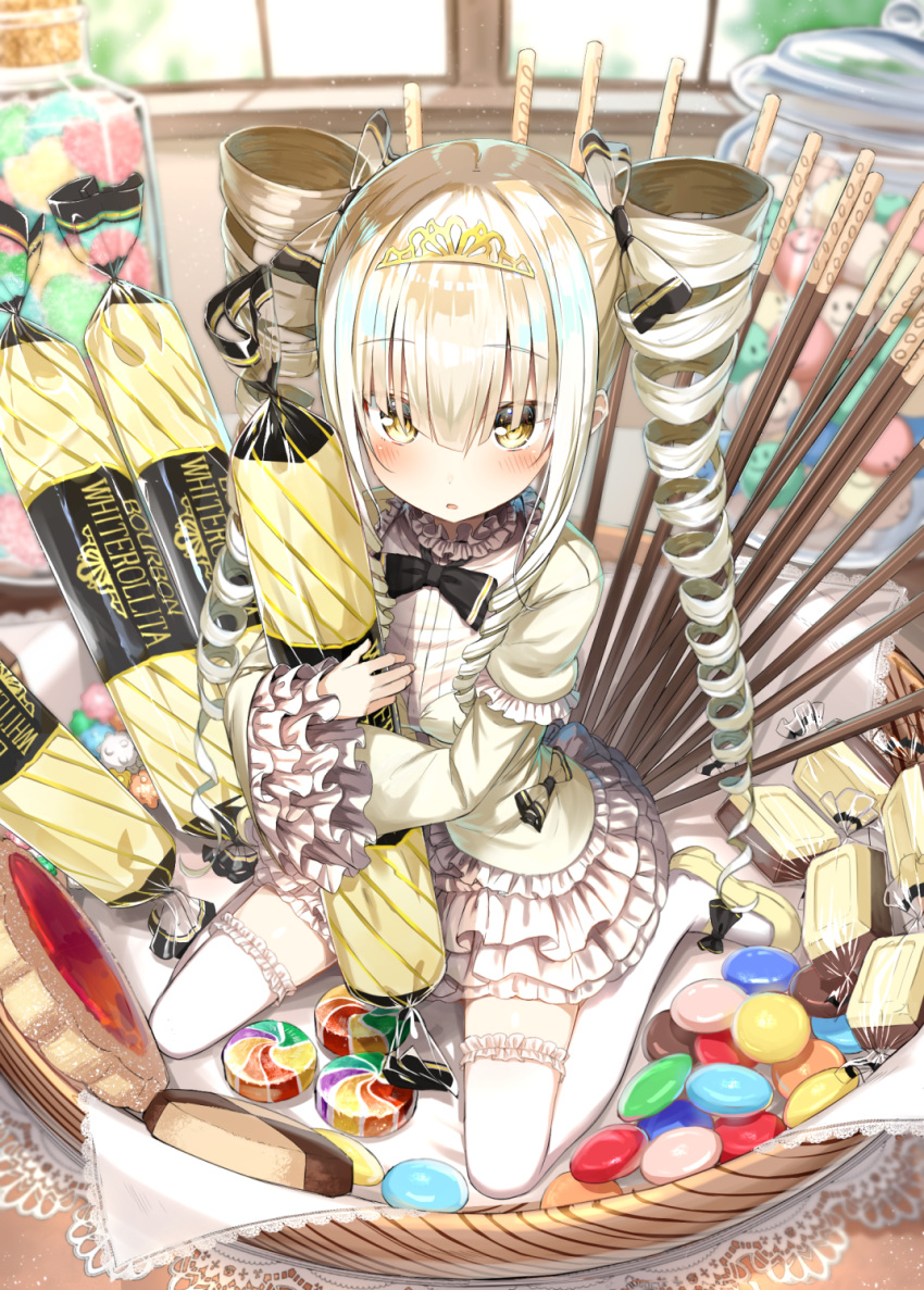 1girl, bangs, blonde_hair, blurry, blush, bow, bowtie, candy