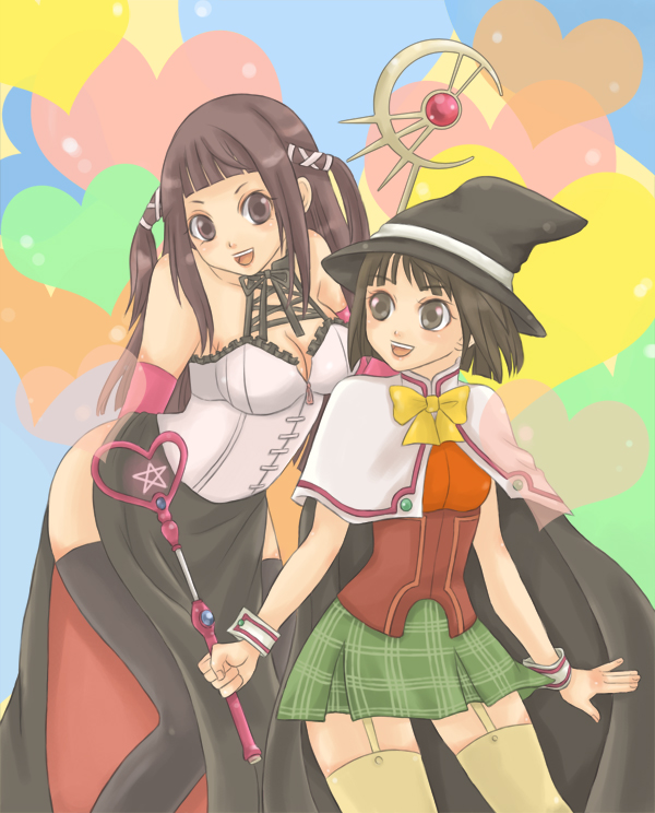 bad_id, bob_cut, breasts, brown_eyes, brown_hair, cape, cleavage, cord-yoshikazu