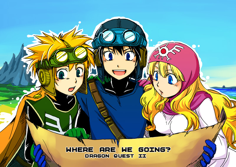1girl, blonde_hair, blue_eyes, bodysuit, breasts, cape, commentary_request, dragon_quest, dragon_quest_ii, goggles, goggles_on_head, goggles_on_headwear, hood, long_hair, multiple_boys, prince_of_lorasia, prince_of_samantoria, princess_of_moonbrook, senn, short_hair, spiky_hair, white_robe
