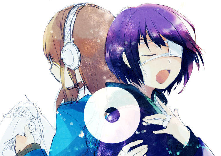 2girls, anzu_(ensemble_stars!), back-to-back, black_hair, brown_hair, closed_eyes, ensemble_girls!, ensemble_stars!