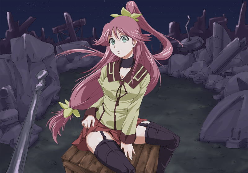 choker, cross, green_eyes, gunxsword, hair_tie, lead_pipe, long_hair, night
