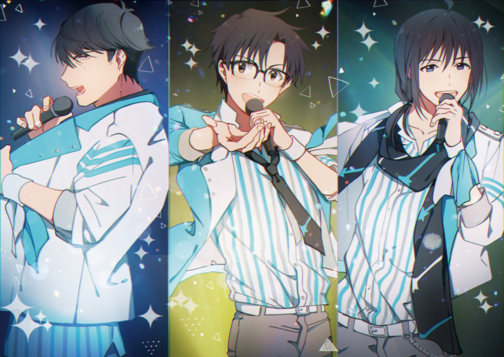 3boys, ahoge, black_hair, eunram, glasses, idolmaster, idolmaster_cinderella_girls, idolmaster_side-m