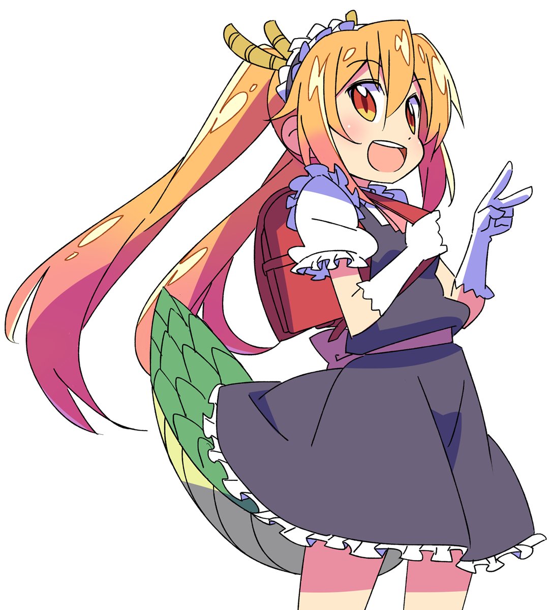 1girl, backpack, bag, dragon_horns, dragon_tail, highres, horns, kobayashi-san_chi_no_maidragon