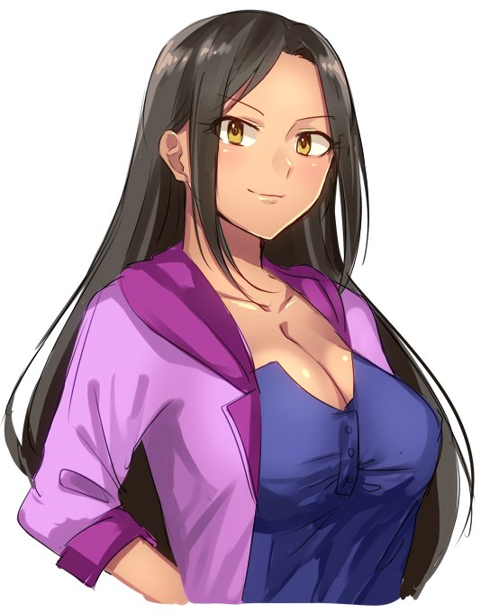 1girl, black_hair, blue_shirt, breasts, brown_eyes, cleavage, collarbone, fuchina, idolmaster, idolmaster_cinderella_girls, jacket, large_breasts, long_hair, looking_at_viewer, mukai_takumi, purple_jacket, shirt, simple_background, sleeves_rolled_up, smile, solo, upper_body, white_background