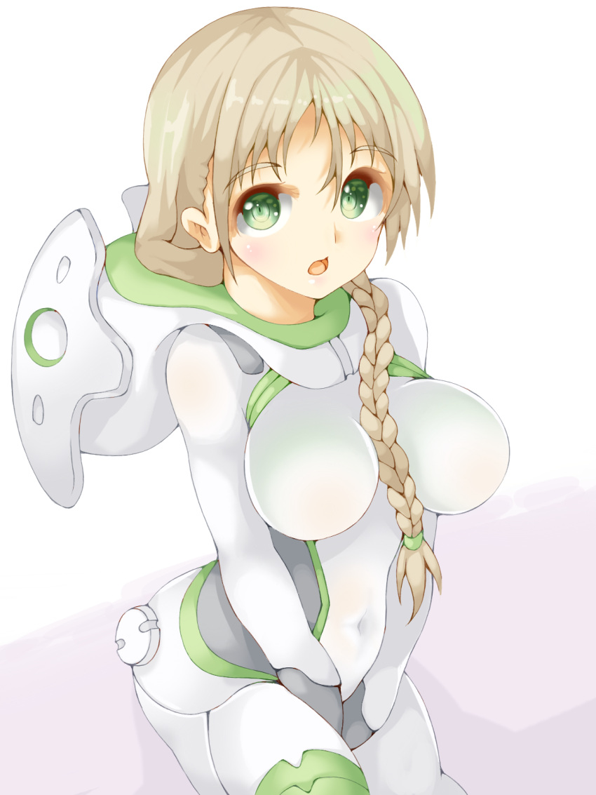 1girl, between_breasts, blush, bodysuit, braid, commentary, covered_navel, covering