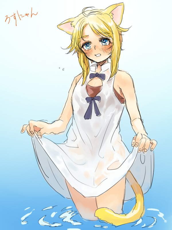 1girl, animal_ears, bare_shoulders, blonde_hair, blue_bow, blue_eyes, blue_ribbon, blush