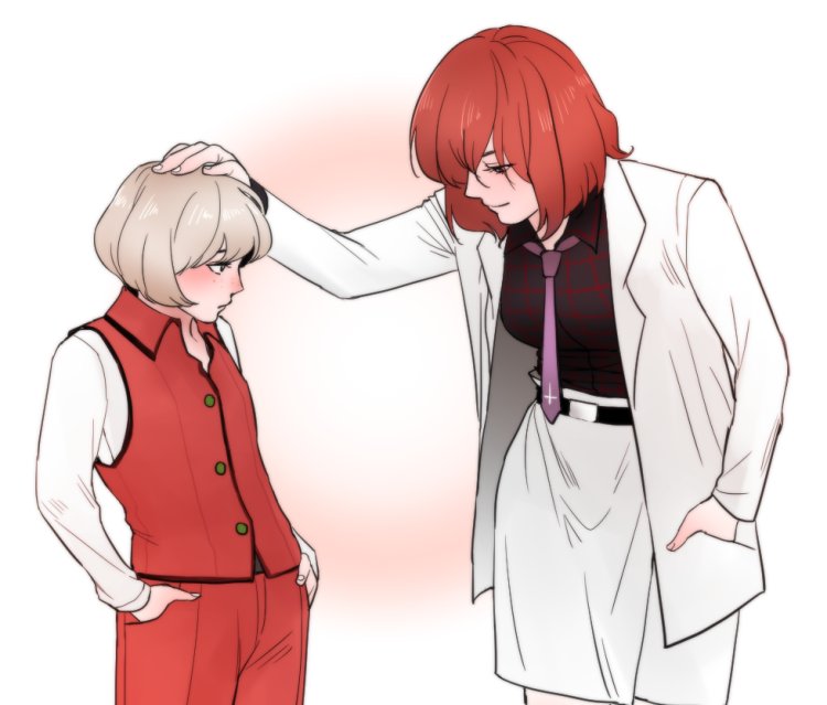 2girls, brown_hair, formal, hand_in_pocket, hands_in_pockets, height_difference, horikawa_raiko, light_smile