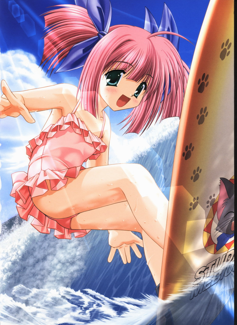 casual_one-piece_swimsuit, child, highres, loli, one-piece_swimsuit, pink_hair, short_hair, snow_(game), surfing, swimsuit, twintails, wakou_ouka, waves, wet