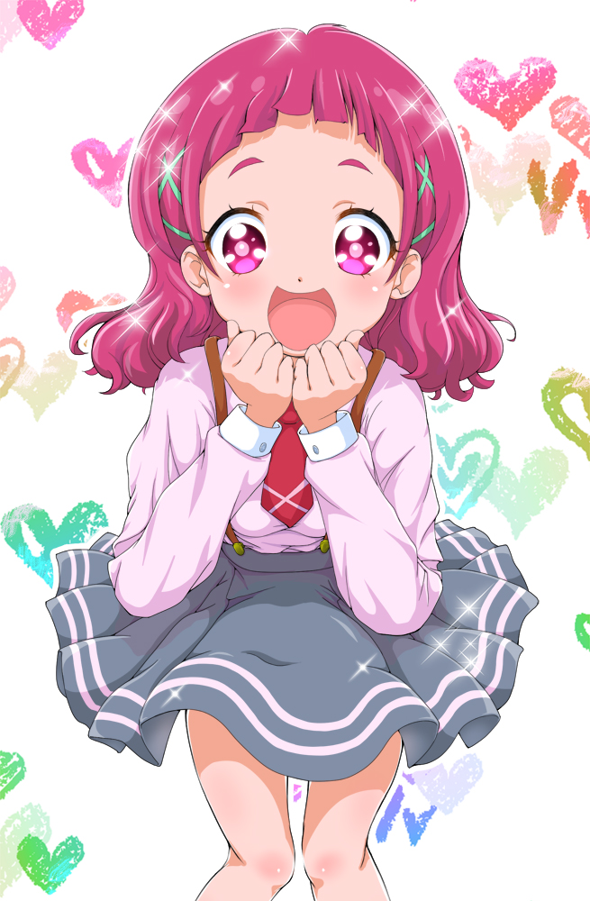 1girl, :d, bangs, blue_skirt, blunt_bangs, cowboy_shot, curled_fingers, hair_ribbon, hands_on_own_chin, heart, heart_background, hugtto!_precure, knees_together, l'avenir_academy_school_uniform, long_sleeves, looking_at_viewer, necktie, nono_hana, open_mouth, pink_eyes, pink_hair, pink_shirt, precure, red_neckwear, ribbon, school_uniform, shirt, short_hair, skirt, smile, solo, sparkle, striped, striped_skirt, suspender_skirt, suspenders, tomita_hiroshi, white_background, wide-eyed