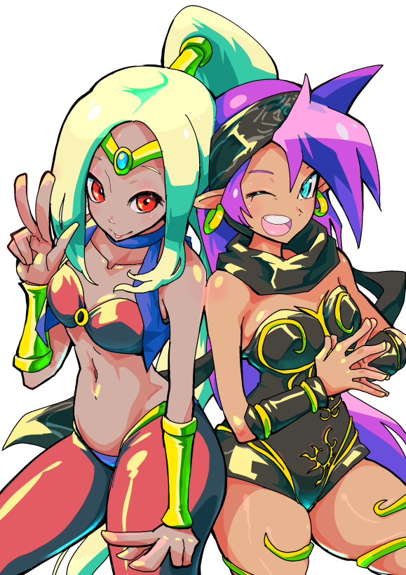 2girls, :p, ;d, back-to-back, bandanna, blonde_hair, blue_eyes, bracer, breasts, choker, cosplay, costume_switch, crossover, earrings, forehead_jewel, gravity_daze, harem_pants, high_ponytail, hoop_earrings, jewelry, kitten_(gravity_daze), kitten_(gravity_daze)_(cosplay), leotard, long_hair, medium_breasts, multiple_girls, navel, one_eye_closed, open_mouth, pants, pungter, purple_hair, red_eyes, scarf, shantae_(character), shantae_(character)_(cosplay), shantae_(series), smile, stomach, strapless, strapless_leotard, tiara, tongue, tongue_out, v, very_long_hair