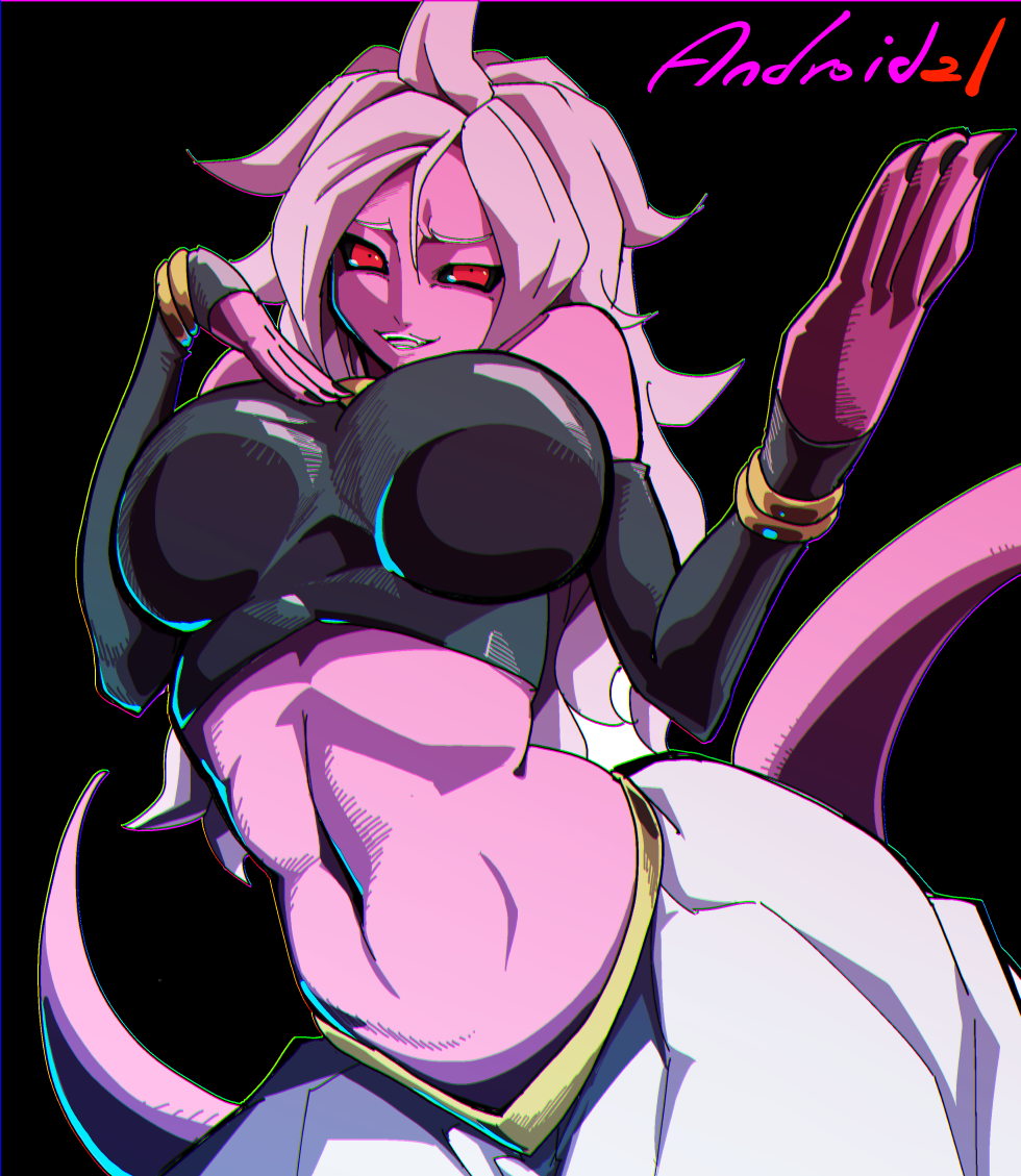 1girl, android_21, android_21_(evil), black_nails, black_sclera, bracelet, breasts, detached_sleeves