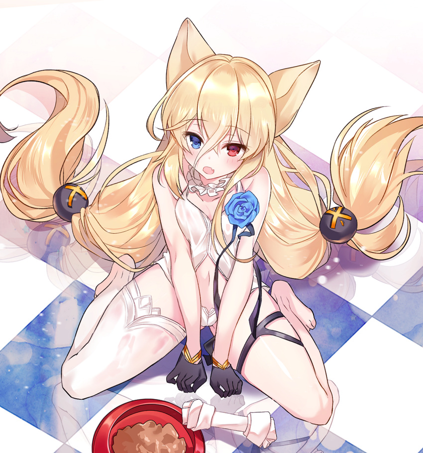 1girl, animal_ears, bangs, bare_shoulders, black_gloves, blonde_hair, blue_eyes, blue_flower