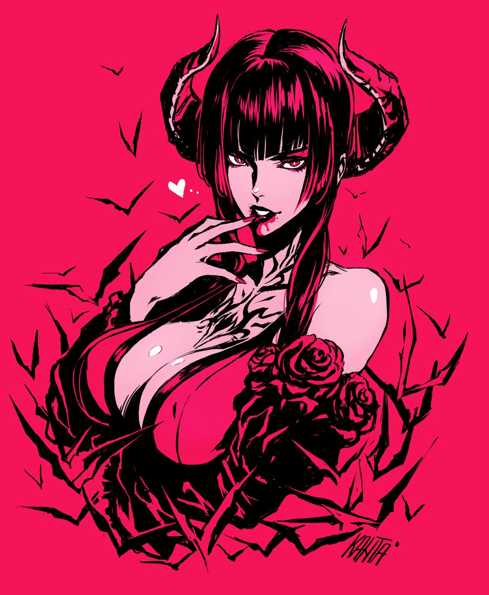 1girl, artist_name, blood, blood_on_face, breasts, cleavage, demon_horns, detached_sleeves