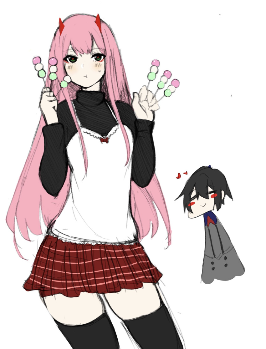 1boy, 1girl, :t, =_=, black_hair, black_legwear, black_sweater, blush
