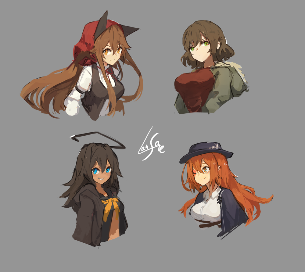 4girls, ahoge, black_hair, blue_eyes, breasts, brown_hair, brown_vest, closed_mouth
