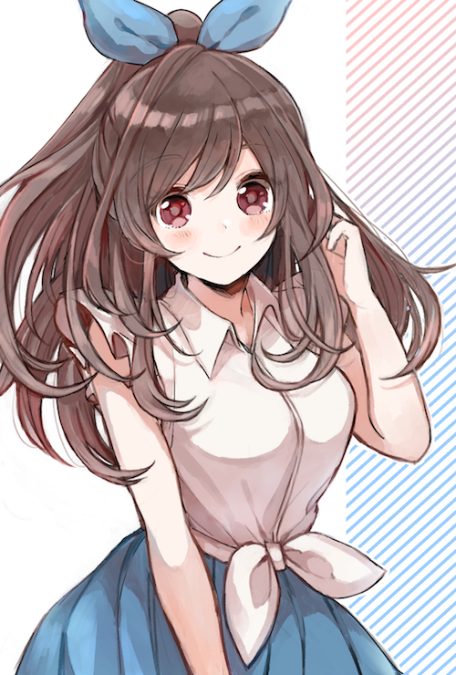 1girl, bangs, blue_bow, blue_skirt, blush, bow, breasts, brown_eyes