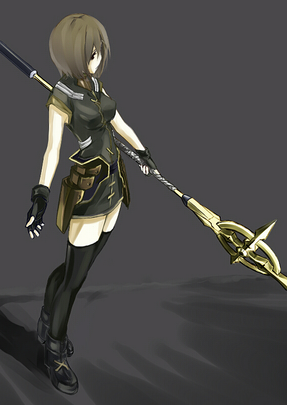 brown_hair, fingerless_gloves, gloves, mahou_shoujo_lyrical_nanoha, mahou_shoujo_lyrical_nanoha_strikers, schwertkreuz, staff, thigh-highs