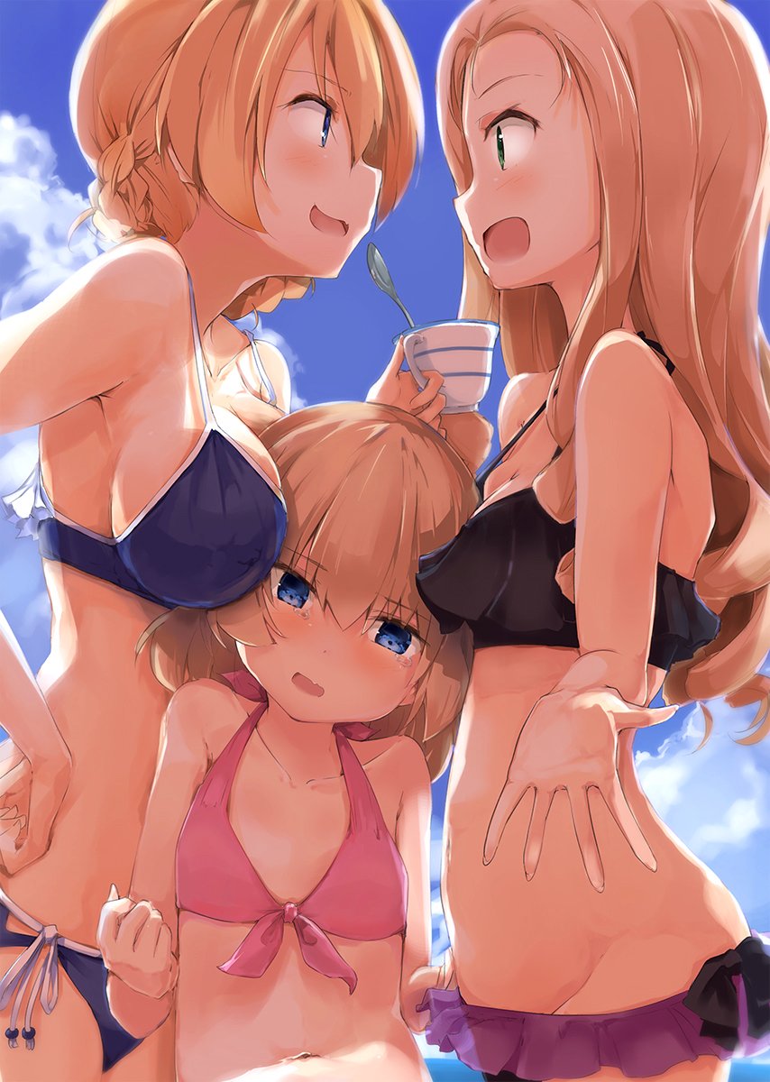 3girls, :d, bangs, bikini, blonde_hair, blue_bikini, blue_eyes, blue_sky