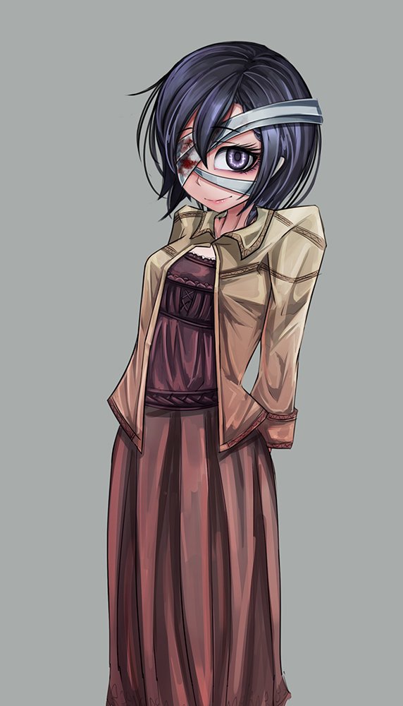 1girl, arms_behind_back, blood, commentary_request, dress, eyepatch, fukasugi_aiko, grey_background