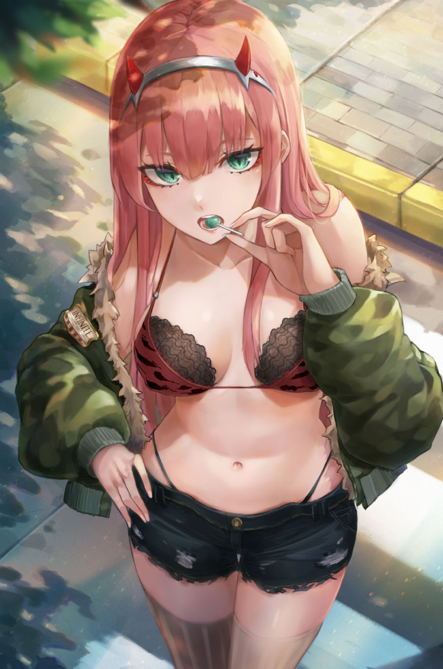 1girl, aqua_eyes, bangs, bikini_top, breasts, candy, collarbone, darling_in_the_franxx