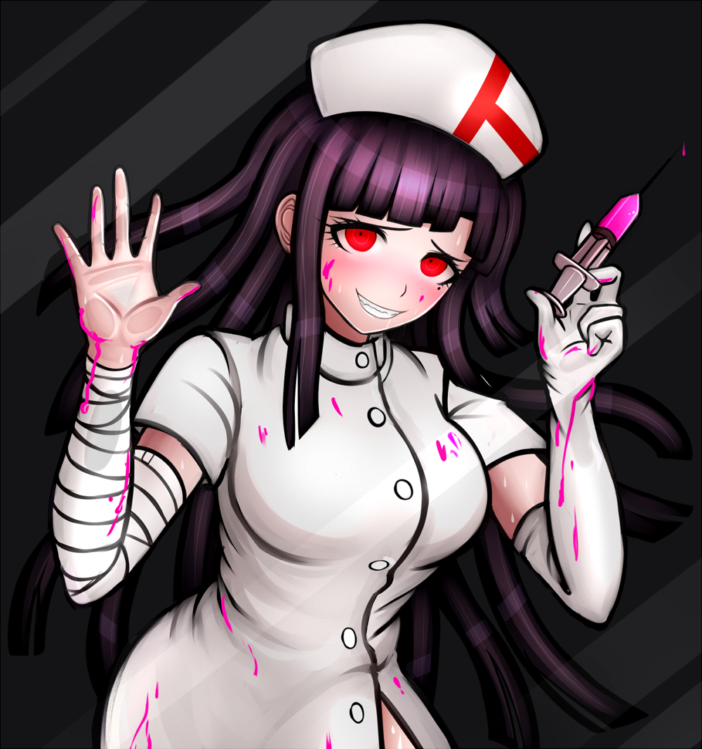 1girl, alternate_costume, bandage, bandaged_arm, bangs, blunt_bangs, blush, dangan_ronpa