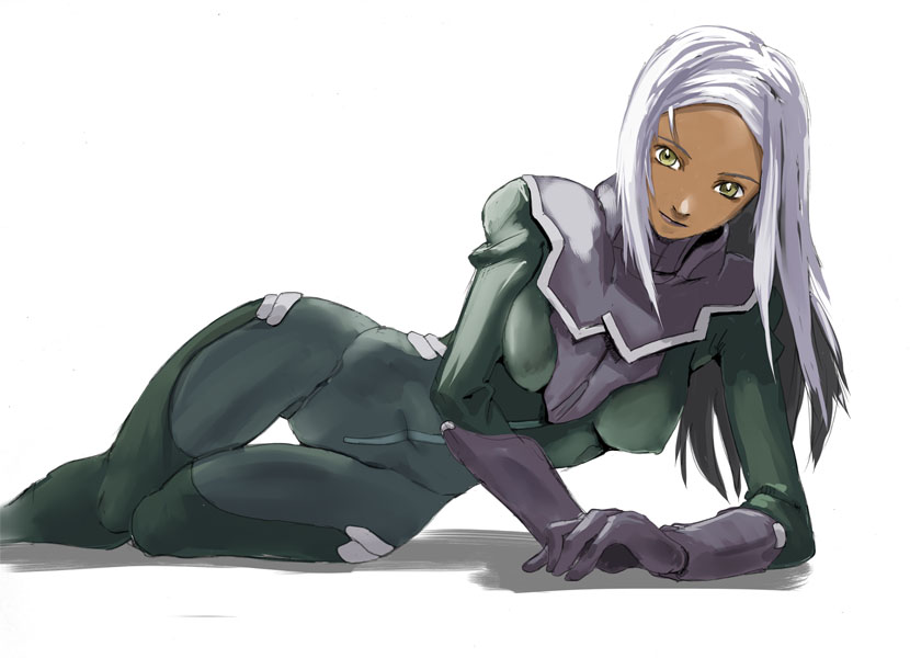 bad_id, bodysuit, dark_skin, gloves, gundam, gundam_00, lavender_hair, lying