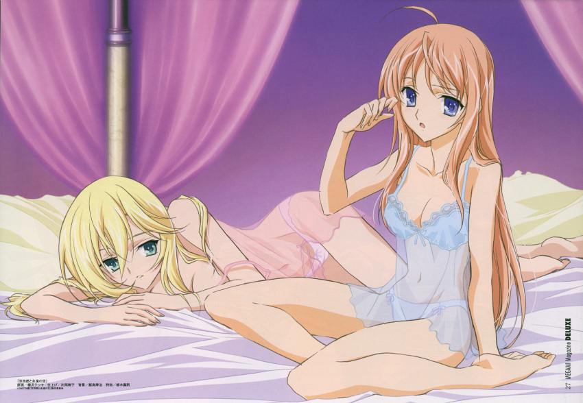 2girls, :o, adjusting_hair, ahoge, arm_support, bangs, barefoot, bed_sheet