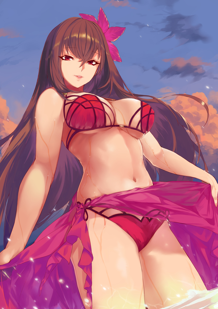 1girl, bangs, bare_arms, bare_shoulders, bikini, blue_sky, breasts, brown_hair