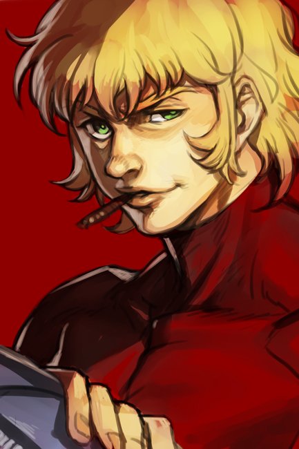 1boy, bangs, blonde_hair, bodysuit, cigar, cobra, copyright_request, fingernails