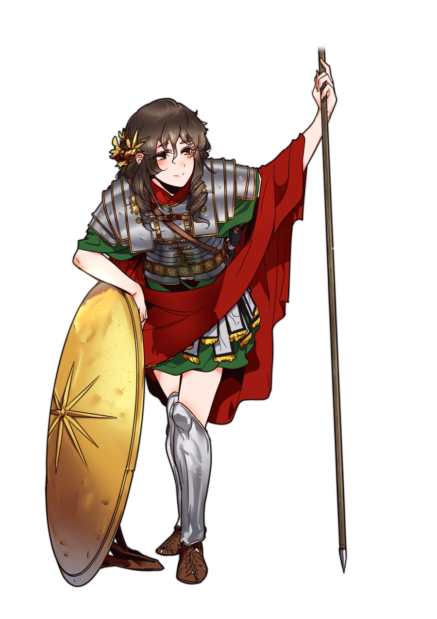 armor, baldric, bangs, bitchcraft123, commentary_request, eyebrows_visible_through_hair, gladius, greaves