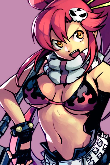1girl, :d, belt, black_gloves, bra, breasts, commentary_request, fingerless_gloves