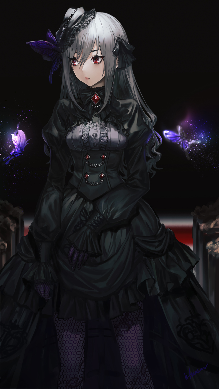 1girl, bangs, black_dress, black_hat, butterfly, closed_mouth, cowboy_shot, dress
