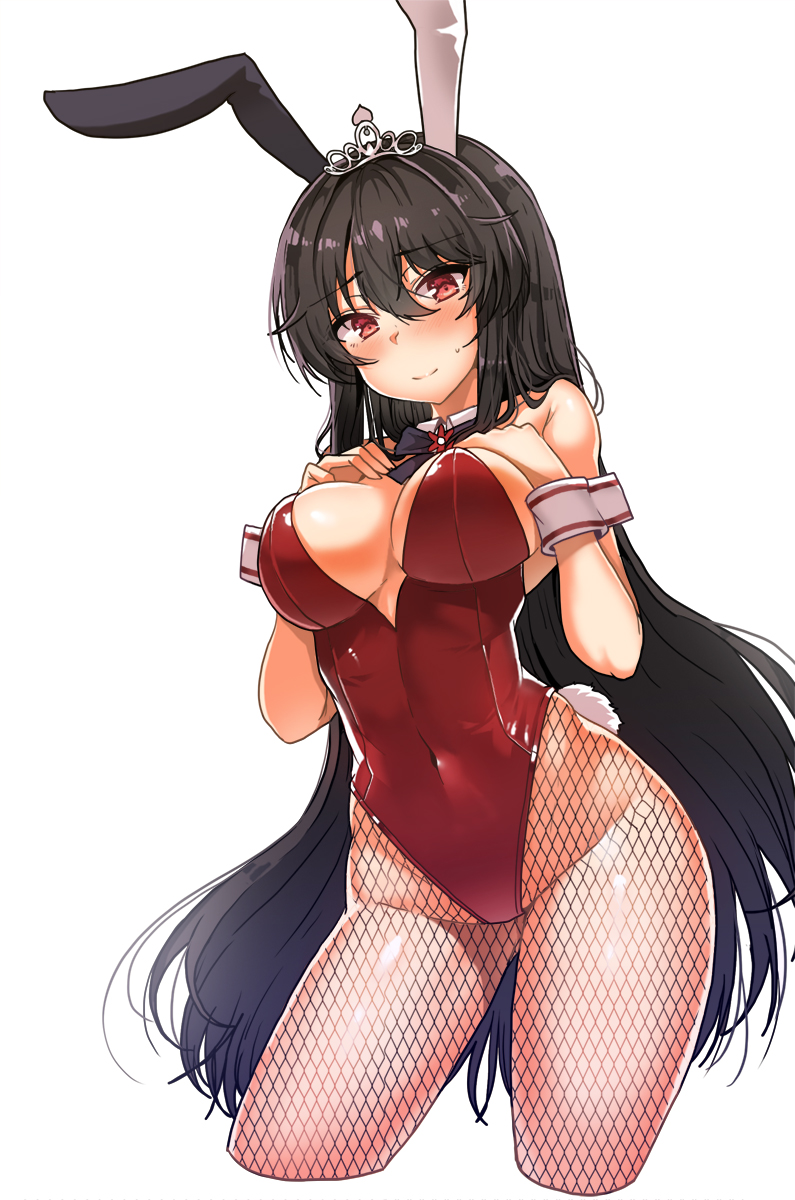 1girl, animal_ears, black_hair, black_neckwear, bow, bowtie, breasts, bunny_girl
