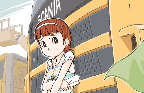 1girl, black_eyes, brown_hair, cape, construction, fujiko_f_fujio_(style), hairband, hoshino_sumire