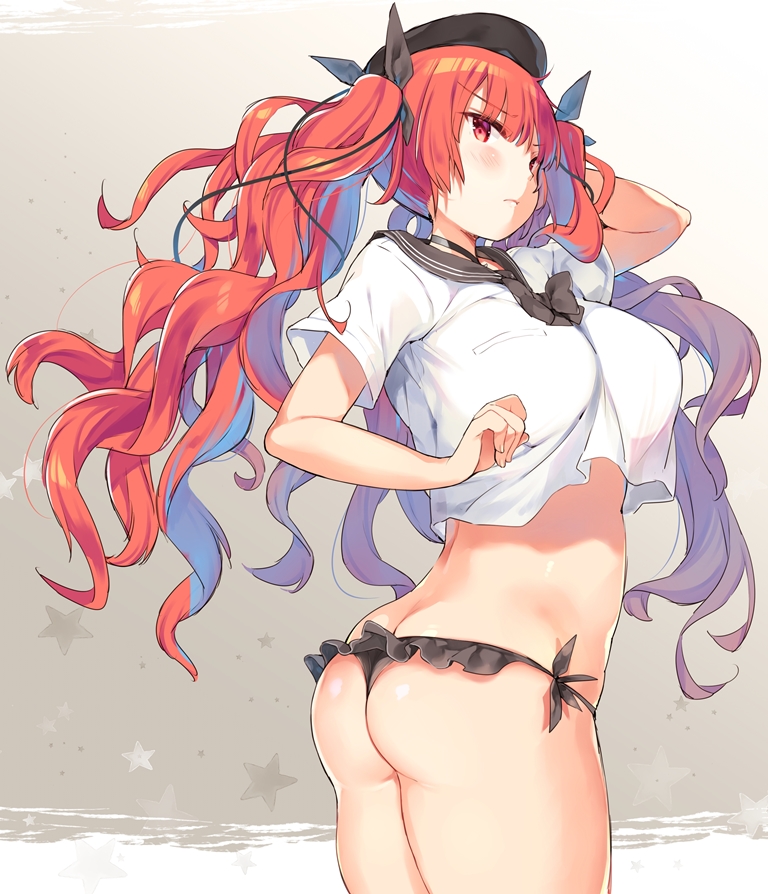 1girl, ass, azur_lane, bangs, beret, bikini, bikini_bottom, black_bikini_bottom