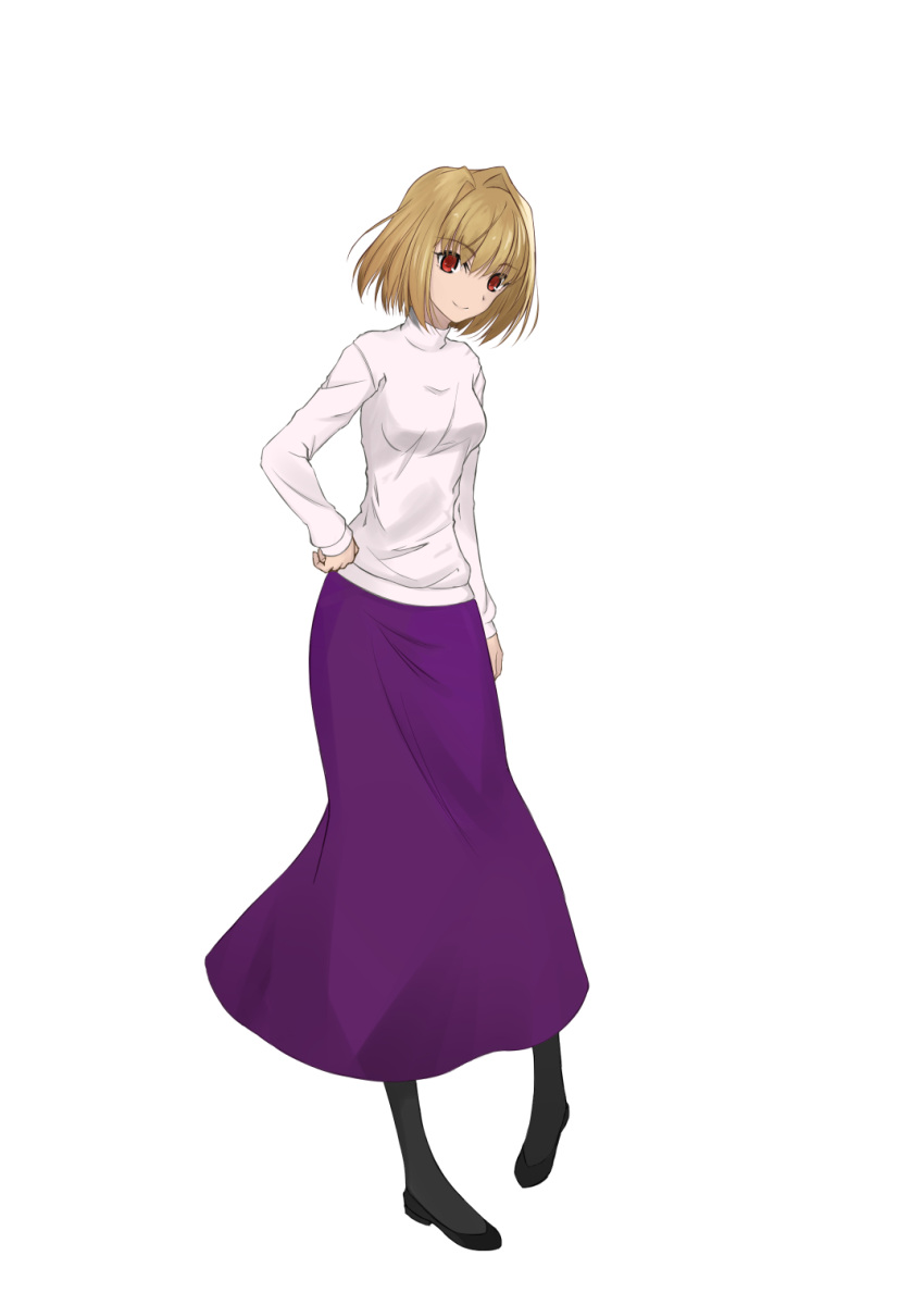 1girl, arcueid_brunestud, blonde_hair, breasts, contrapposto, hair_intakes, hand_on_hip, highres