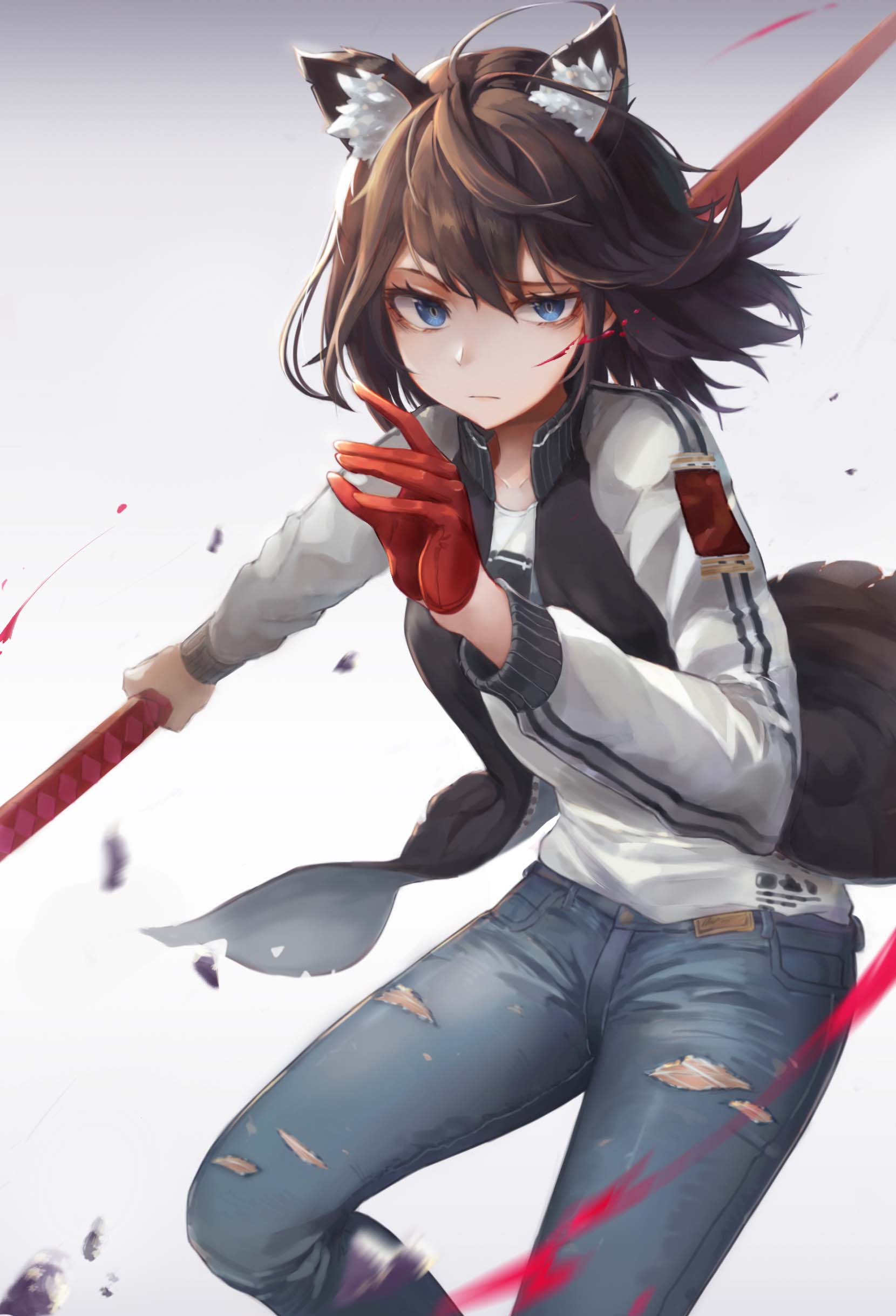 1girl, absurdres, animal_ears, blue_eyes, brown_hair, denim, envysoi, gloves