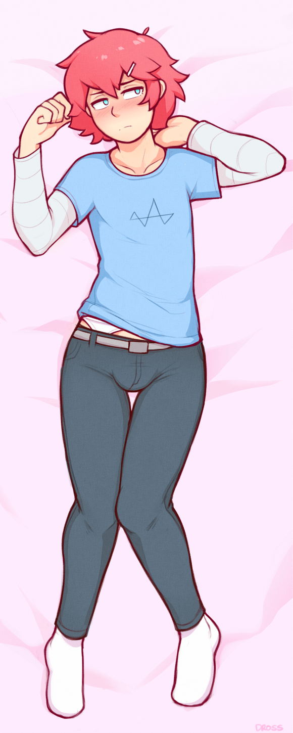 1boy, belt, blush, bulge, collarbone, dross, femboy, garter_belt, hair_ornament, hairclip, highres, jamie_(dross), looking_to_the_side, lying, on_back, original, redhead, socks, solo