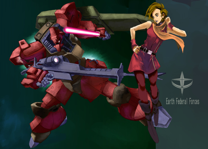 bad_id, belt, boots, brown_hair, dress, energy_sword, galbaldy_beta, gun
