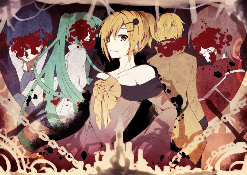 2boys, 3girls, aku_no_musume_(vocaloid), allen_avadonia, anniversary, aqua_hair, bare_shoulders, blonde_hair