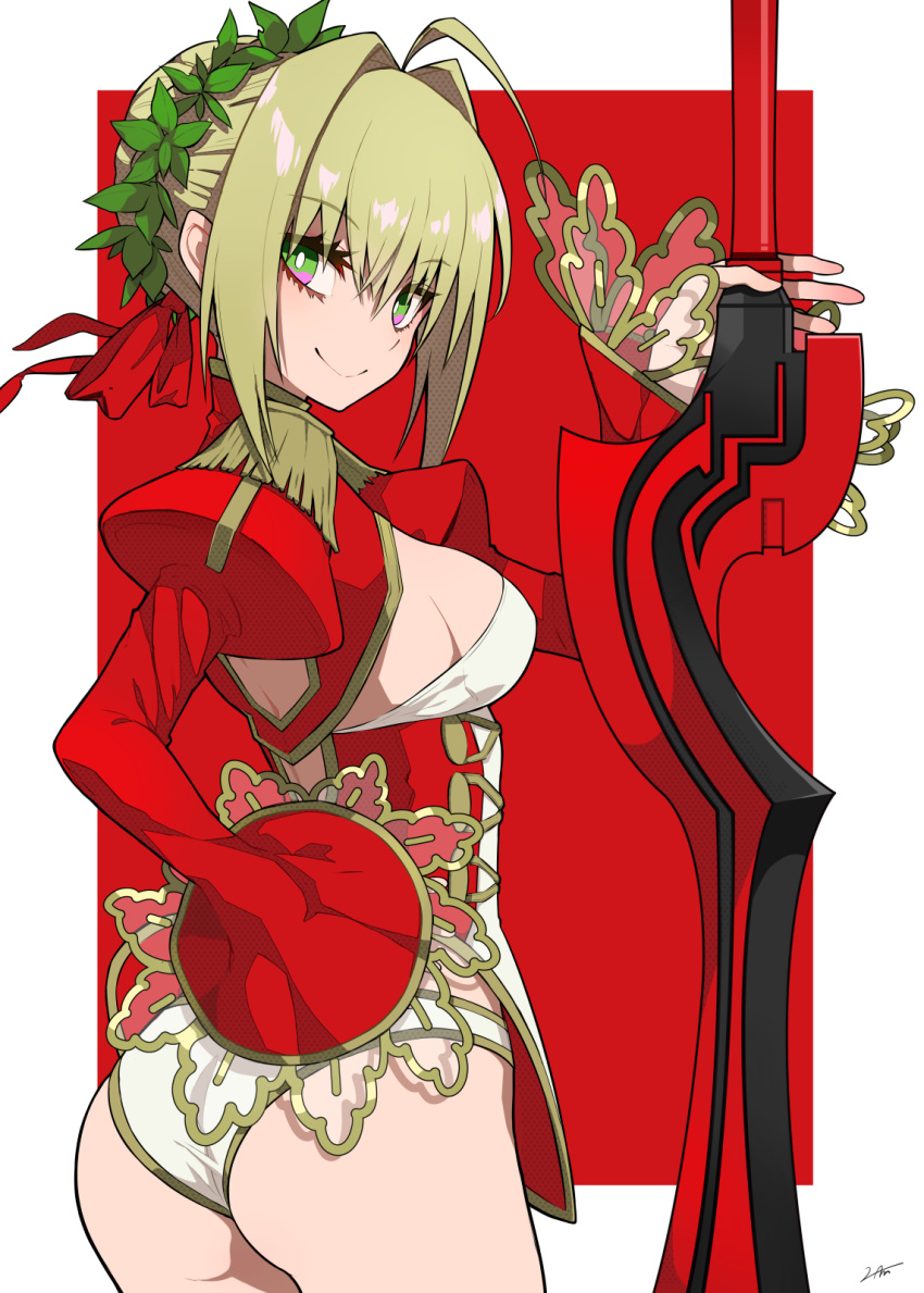 1girl, aestus_estus, ahoge, ass, bangs, breasts, bright_pupils, closed_mouth