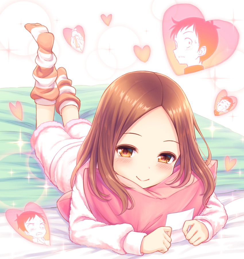 1boy, 1girl, bangs, bed_sheet, blush, brown_eyes, brown_hair, full_body
