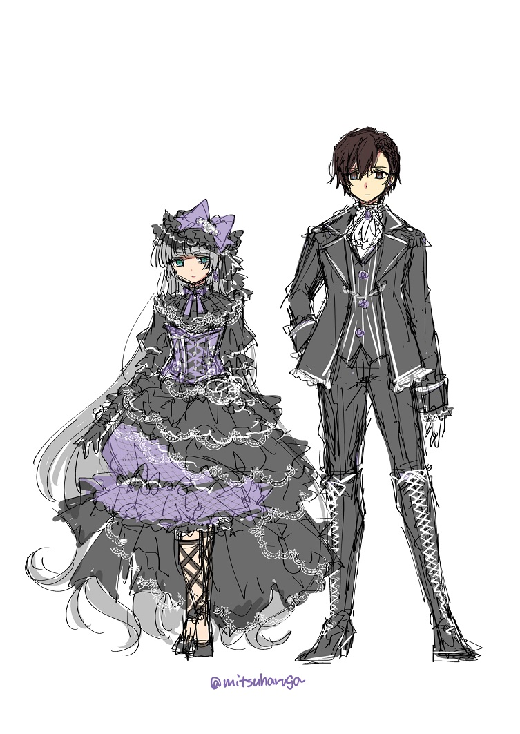 1boy, 1girl, absurdly_long_hair, black_dress, black_footwear, boots, brown_hair, cross-laced_footwear