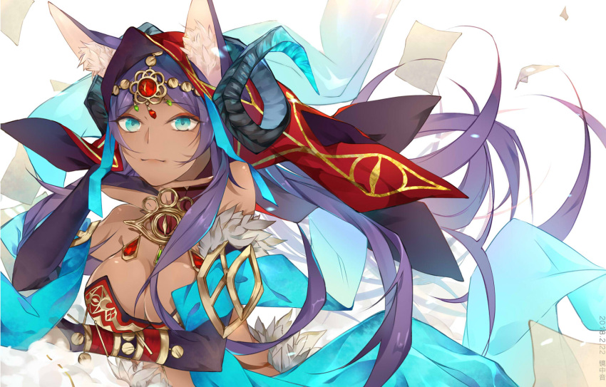 1girl, animal_ears, aqua_eyes, breasts, bridal_gauntlets, cleavage, dark_skin, ears_through_headwear, fate/grand_order, fate_(series), gem, head_chain, highres, hood, horns, jewelry, jingzhongyin, large_breasts, long_hair, looking_at_viewer, navel, purple_hair, queen_of_sheba_(fate/grand_order), smile, solo