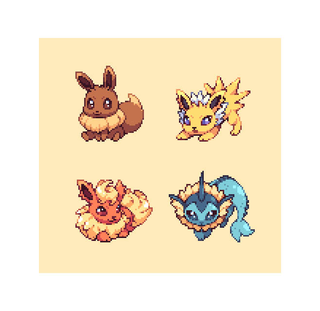 beige_background, blue_eyes, brown_eyes, closed_mouth, commentary, creature, eevee, excarabu, flareon, full_body, gen_1_pokemon, jolteon, looking_at_viewer, lying, no_humans, pixel_art, pokemon, pokemon_(creature), sitting, smile, standing, top-down_bottom-up, vaporeon, violet_eyes